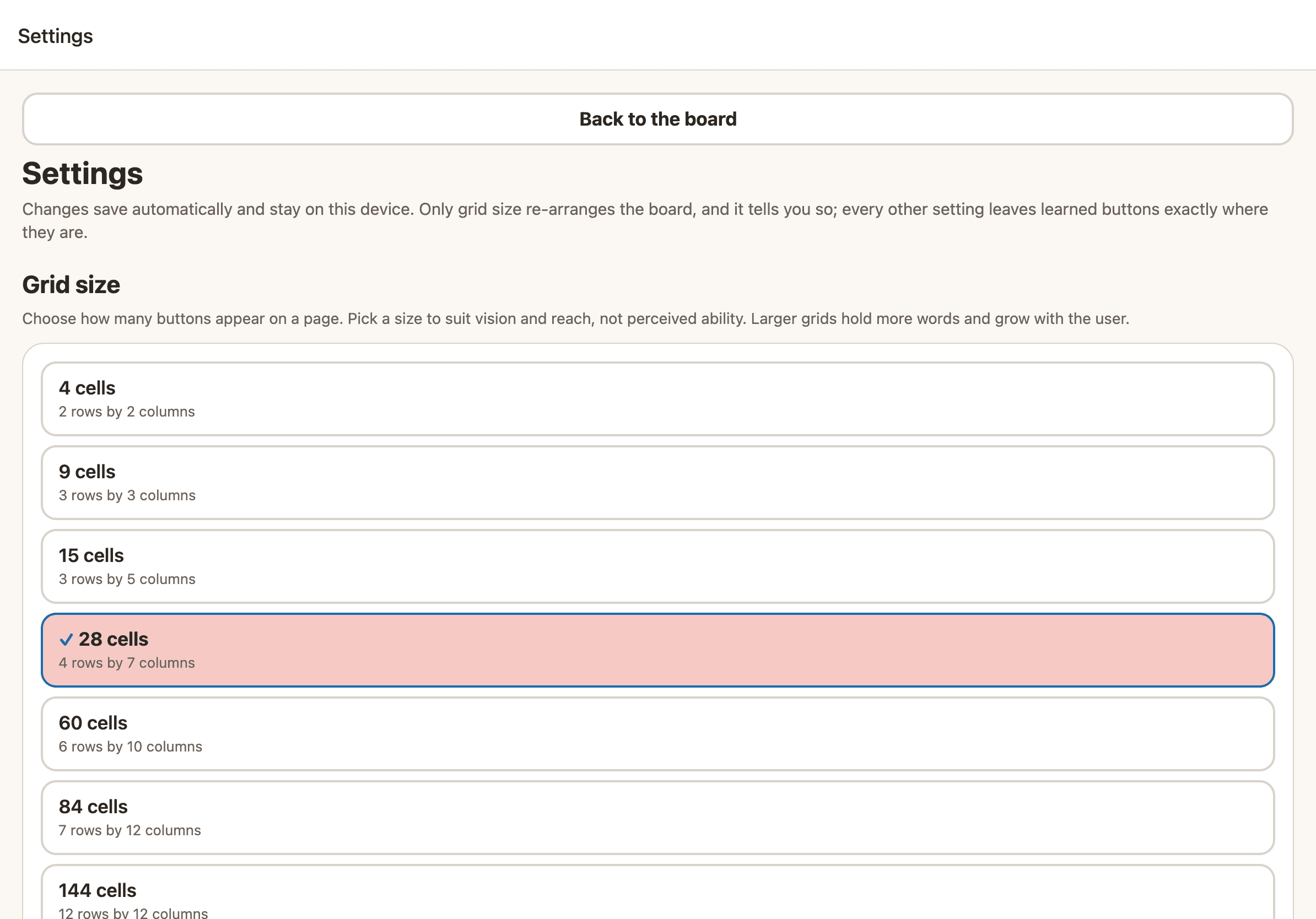 The Sayella settings screen on an iPad, showing options for grid size, themes and access.