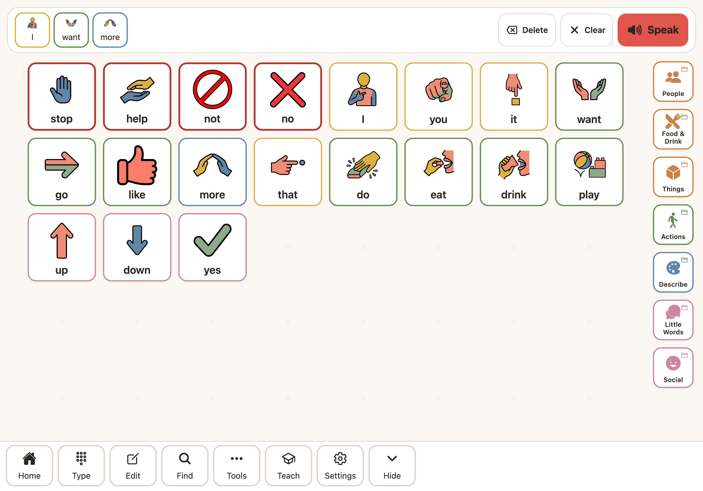 The Sayella AAC talk screen on an iPad, showing a colour-coded vocabulary grid and a composed message in the bar at the top.