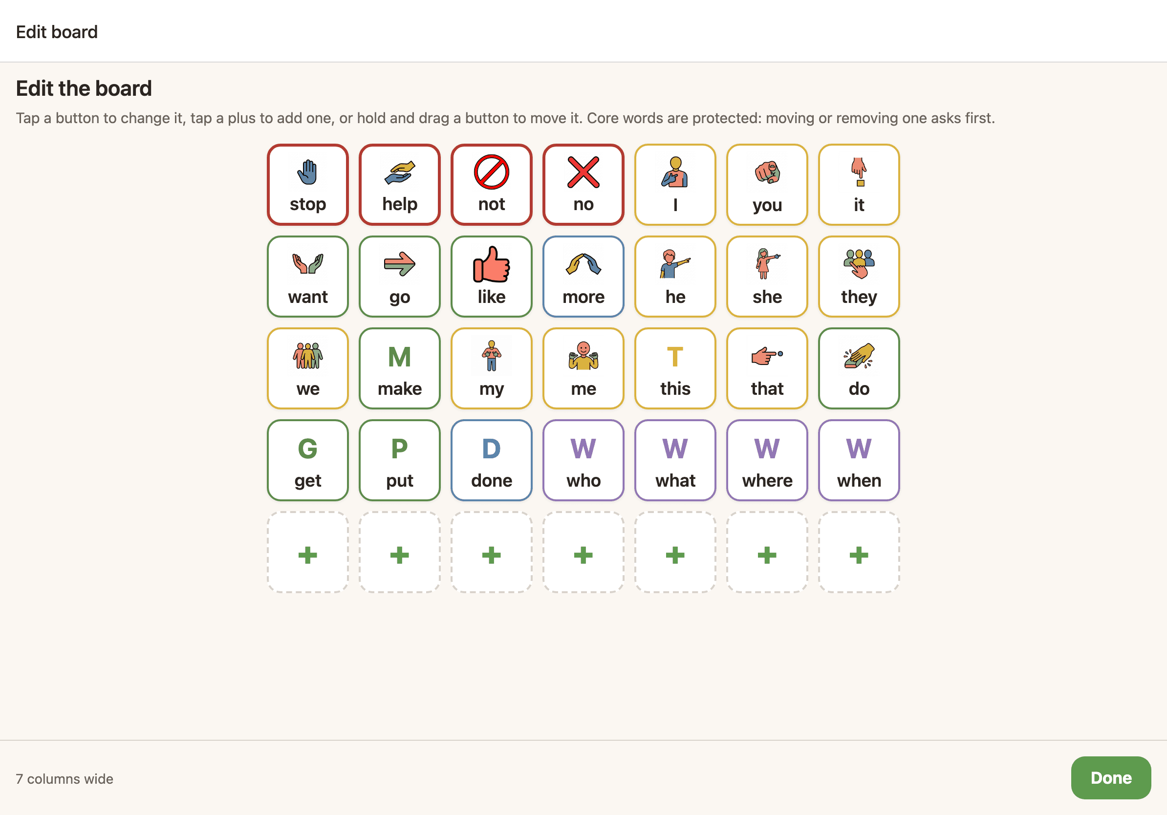 The Sayella board editor on an iPad, showing fringe vocabulary organised into category folders being arranged by drag and drop.