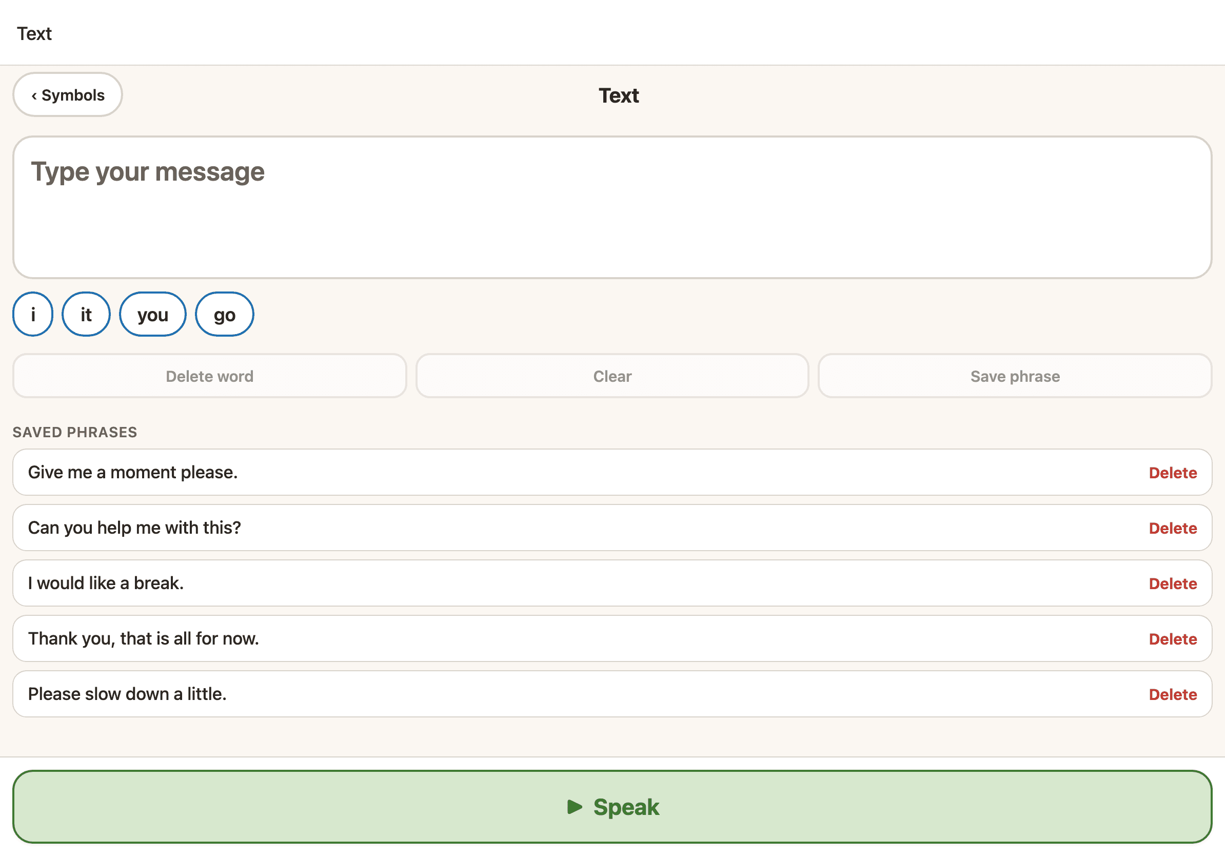 The Sayella text and keyboard mode on an iPad, with an on-screen keyboard and a row of word predictions above it.
