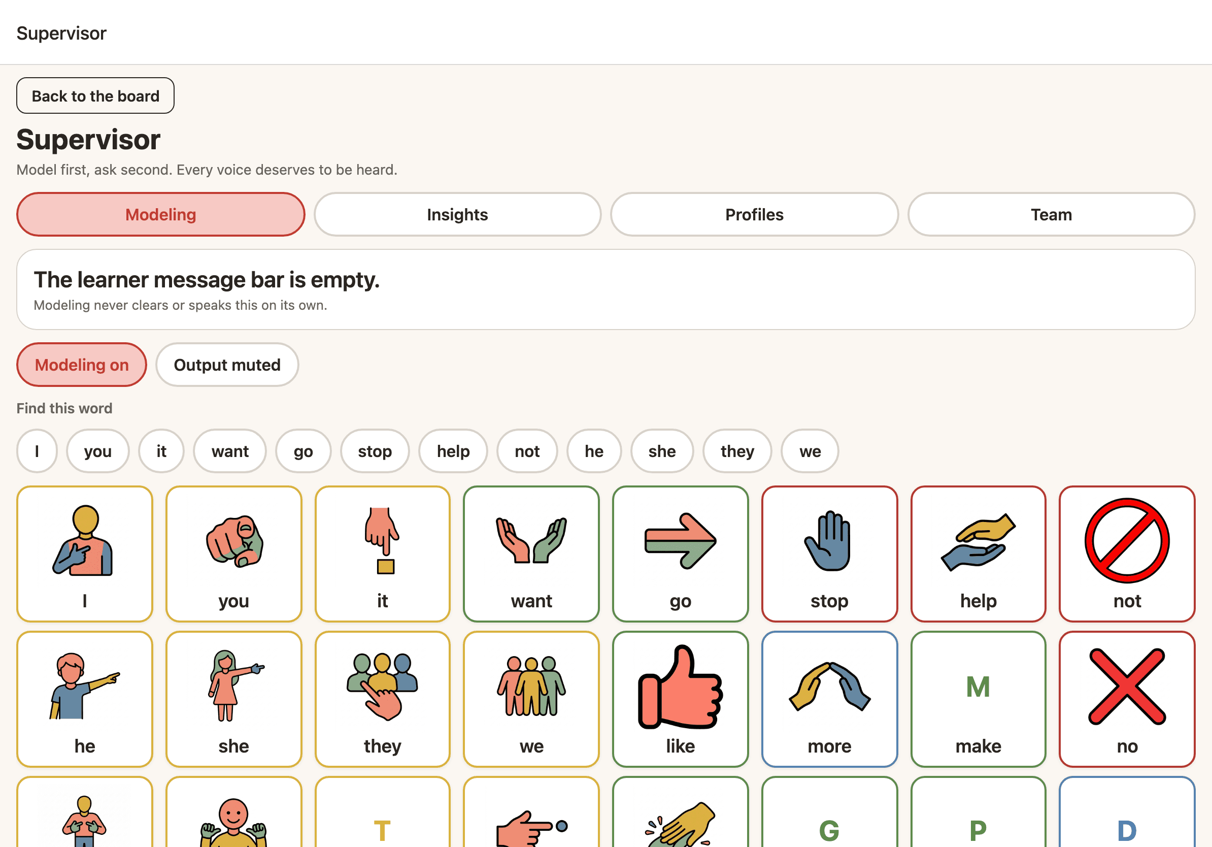 The Sayella supervisor screen on an iPad, showing modelling tools, insights and a find-this-word search used by a partner.