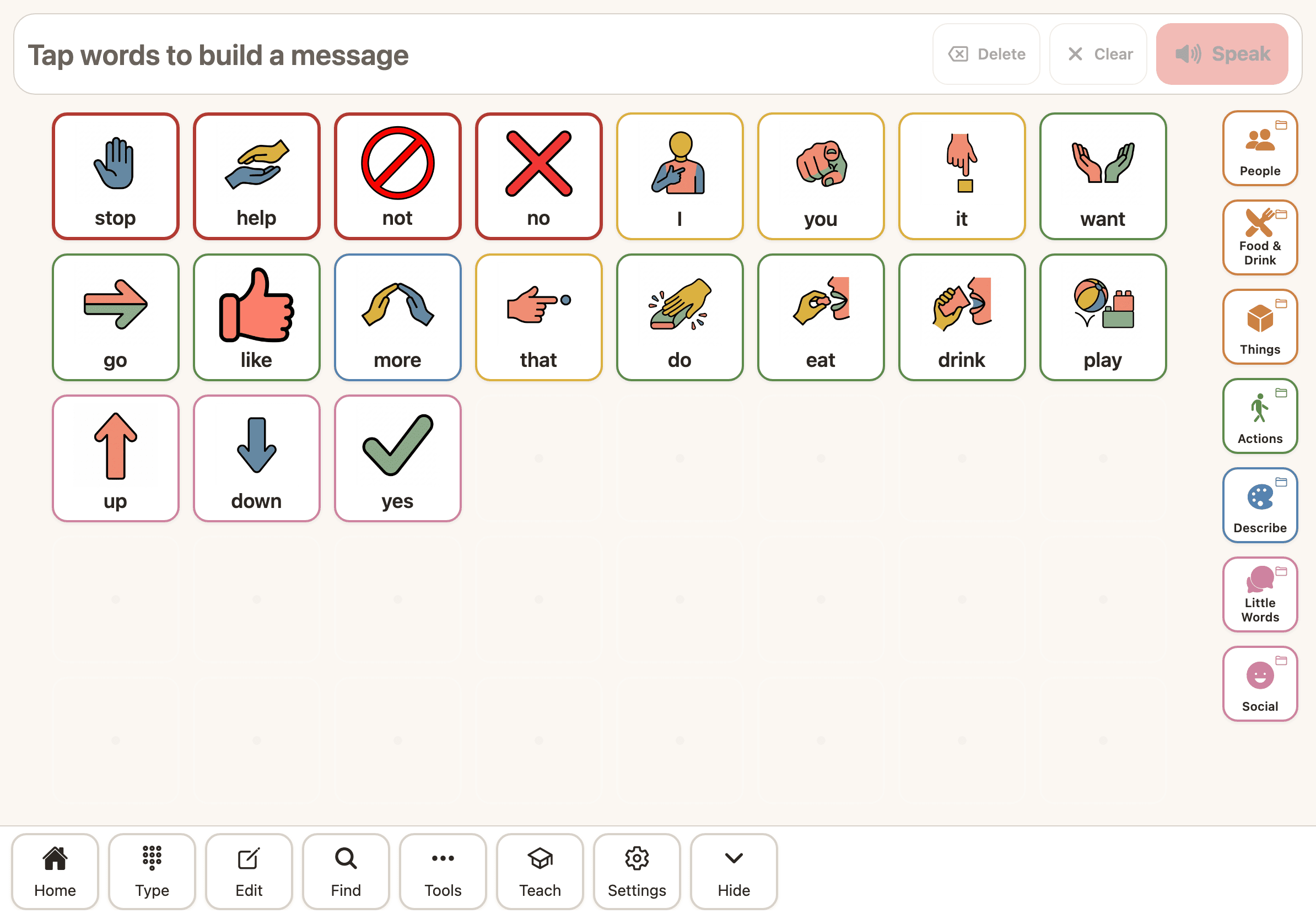 The Sayella talk board on an iPad at the emergent stage, with a small set of large core-word tiles and an empty message bar.