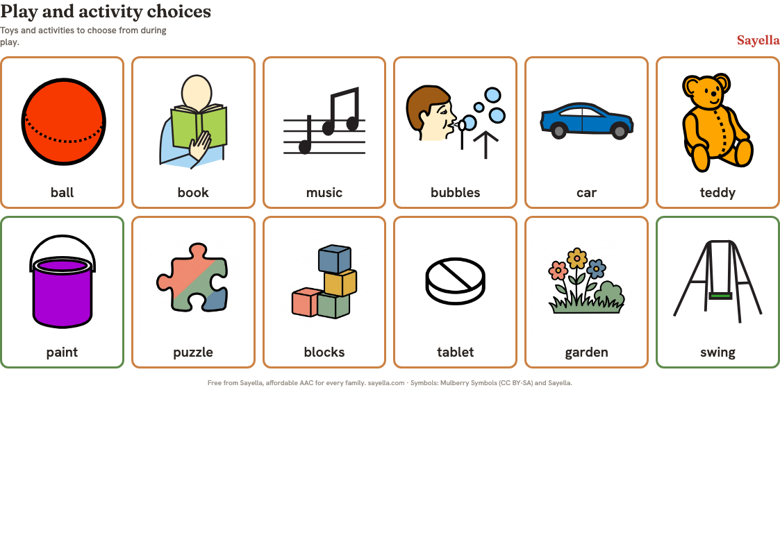 Preview of the Play and activity choices printable